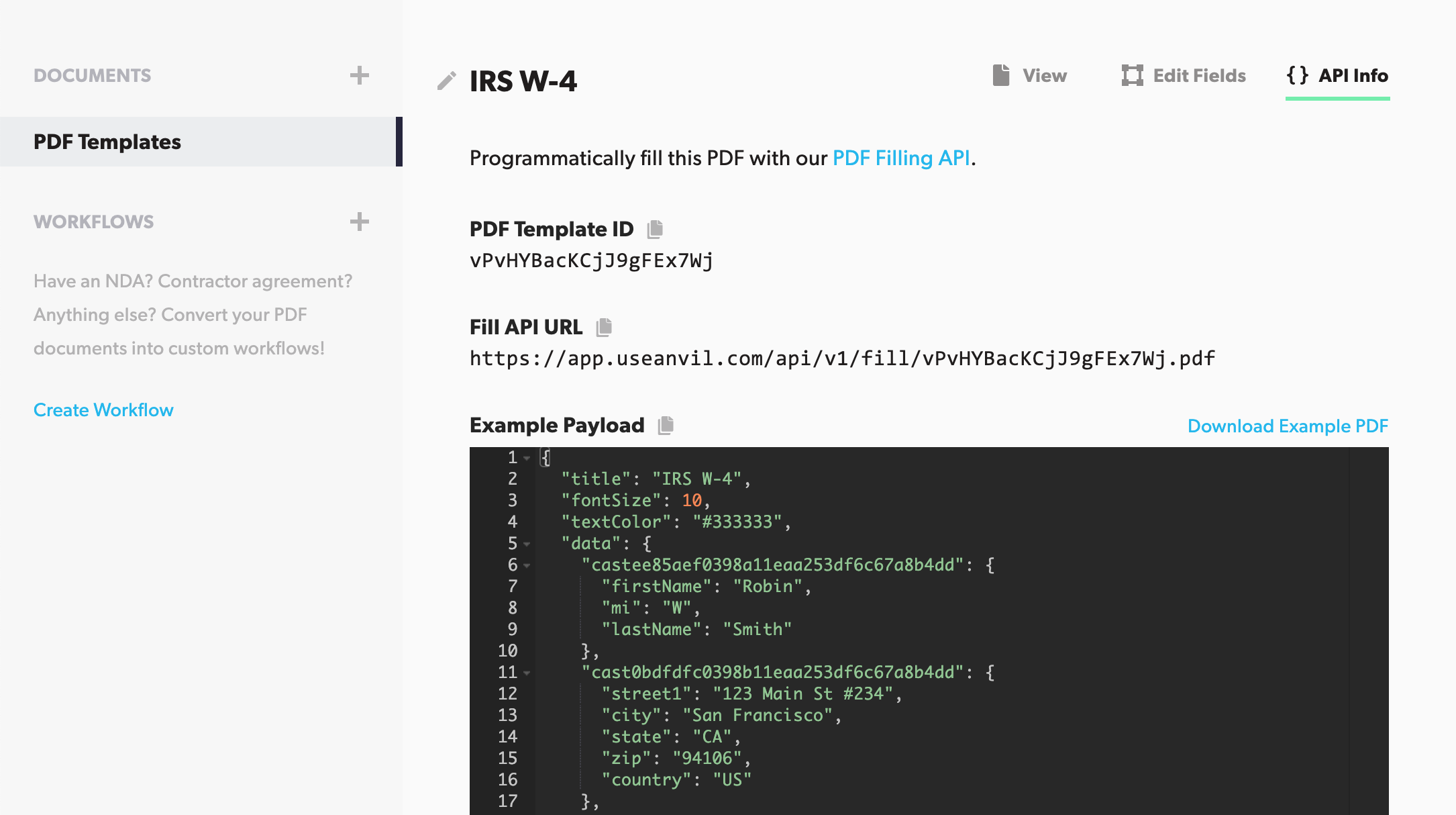 Viewing PDF Template API Info