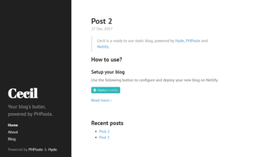 Screenshot of a page created with PHPoole starter blog, Cecil (with Netlify CMS)