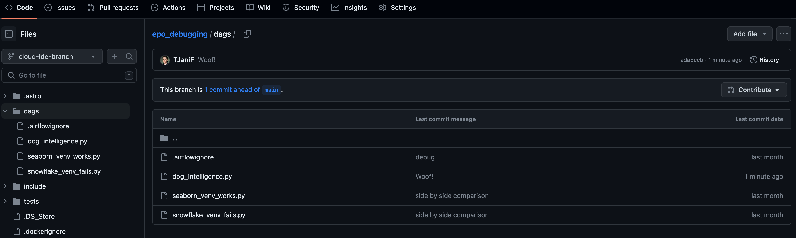 Screenshot of the GitHub UI showing the dog_intelligence dag in the DAGs folder with the last commit being Woof!.