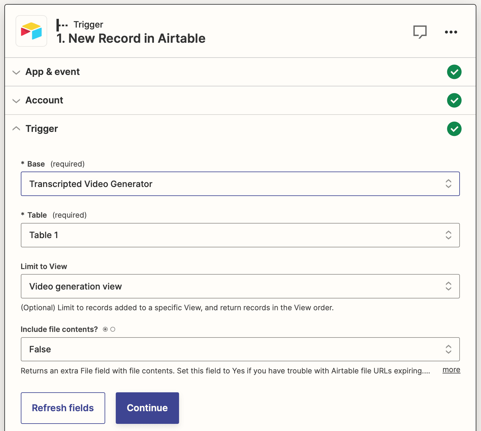 Screenshot of Zapier Airtable new record trigger