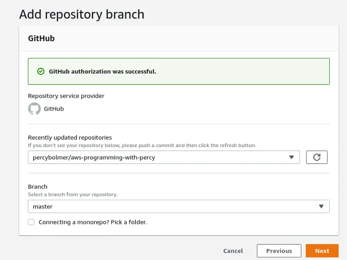 AWS Amplify selecting a repository and branch to host.