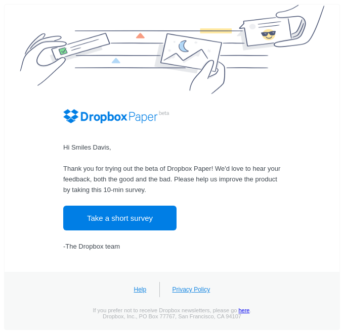 Survey Email Examples: Screenshot of Dropbox's survey email