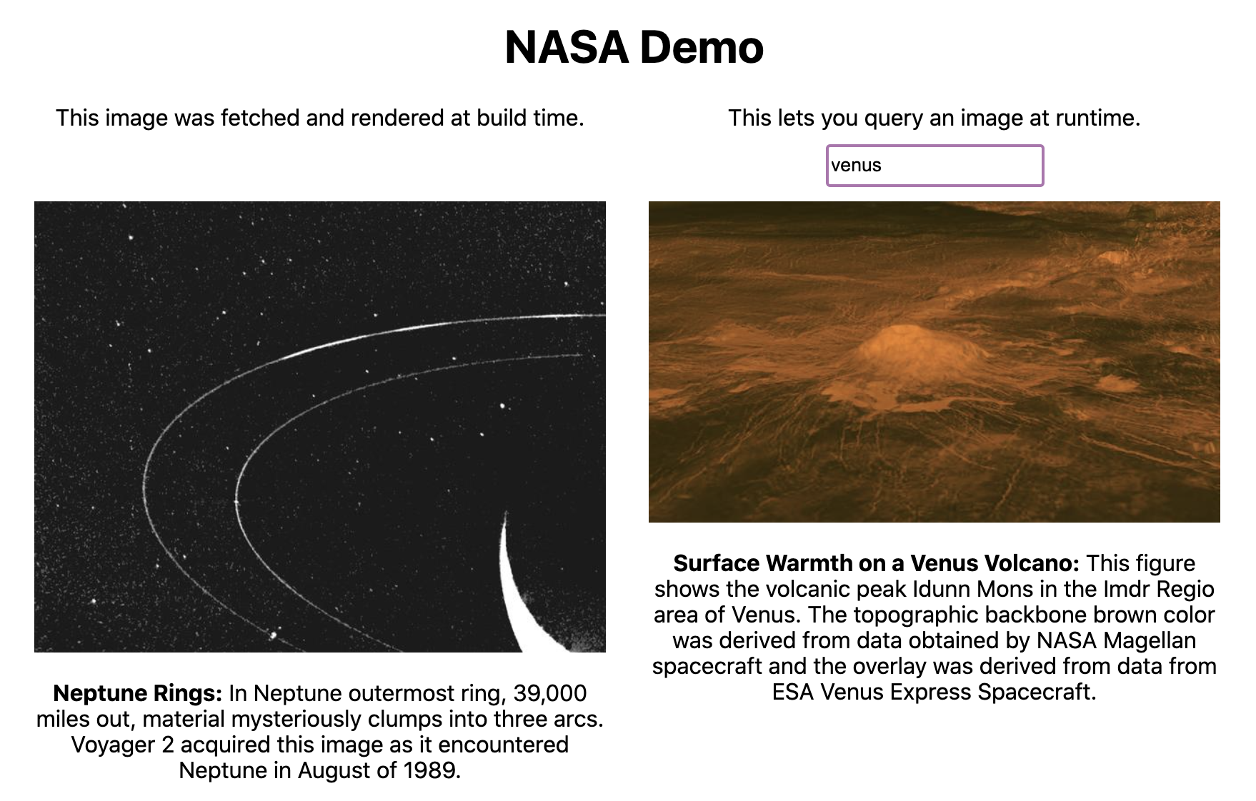 Preview demo site querying the NASA API, build time on the left, and runtime on the right