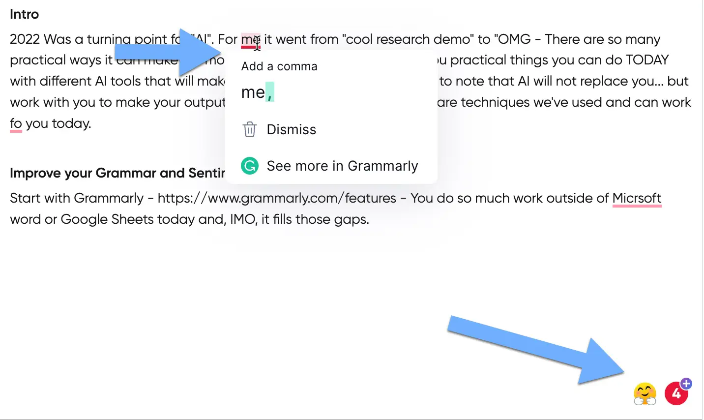 example of improving grammar, adding a comma to separate thoughts
