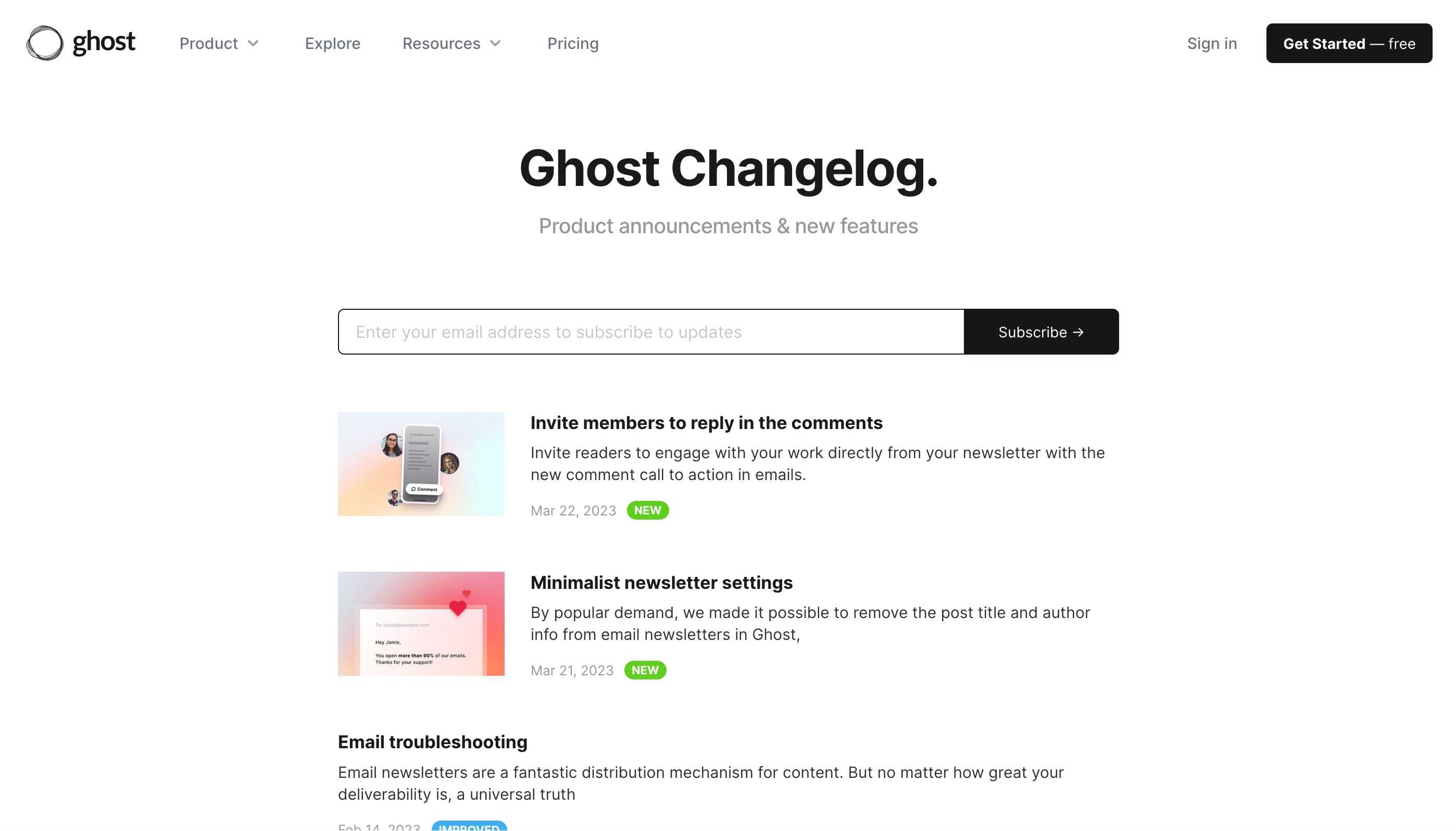 The changelog from Ghost