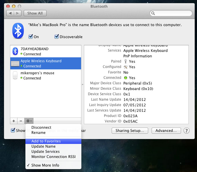 Screenshot of the bluetooth control panel in OSX