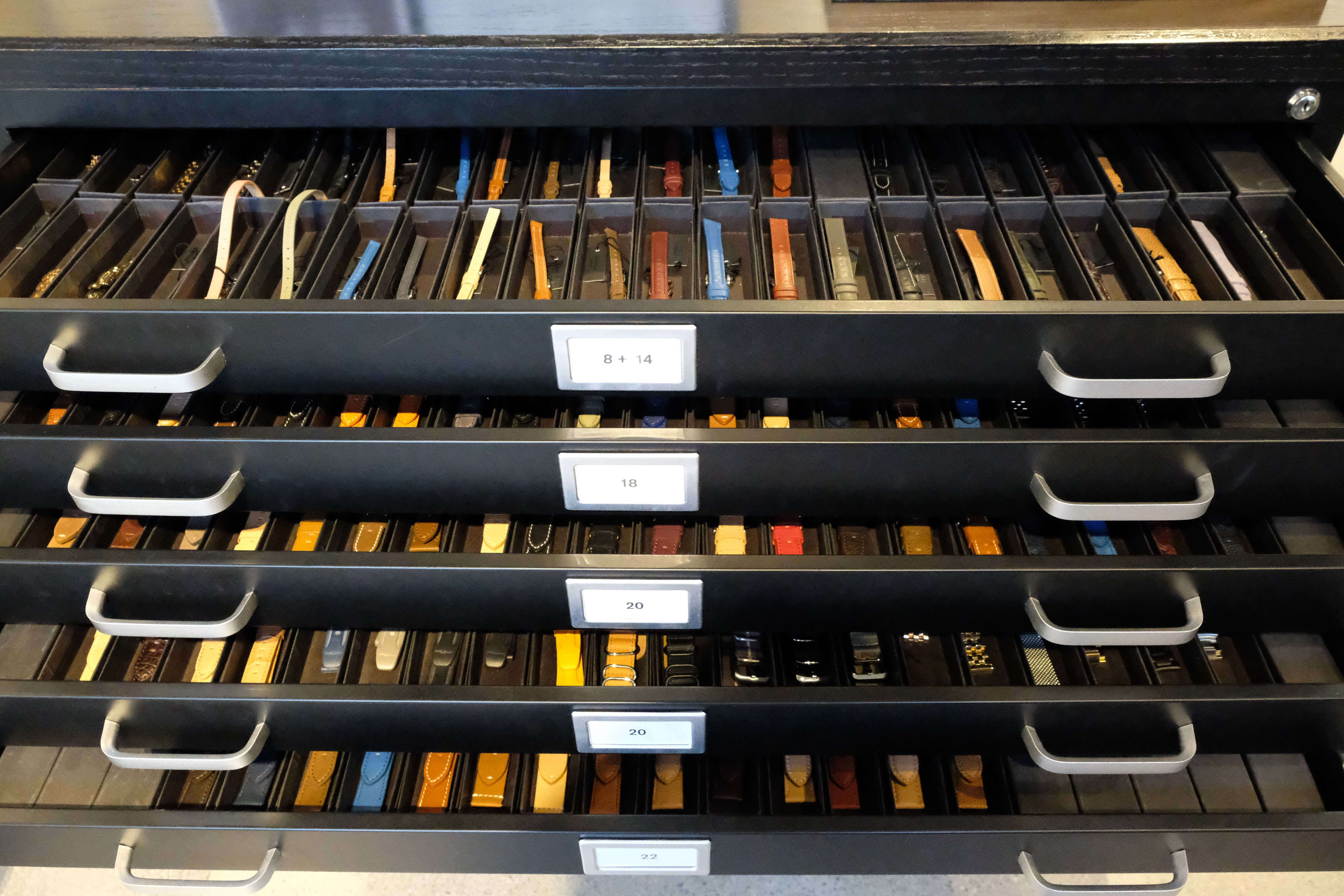 shinola selection of watch straps in drawers