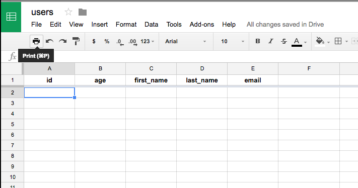 Sample spreadsheet for storing users.