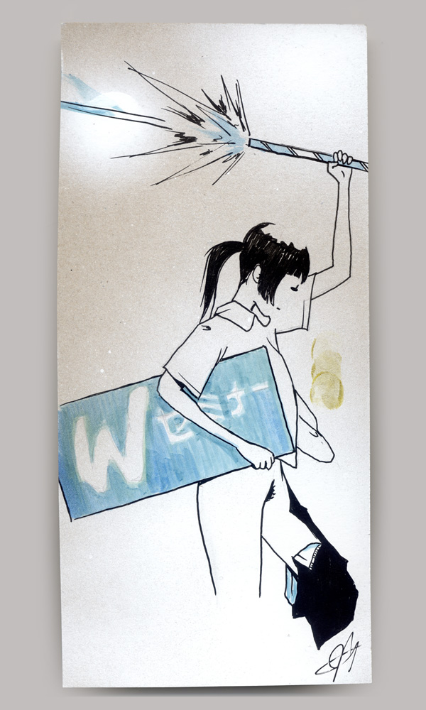 An acrylic painting on wood panel, titled 'Cafe Lumiere', of a young woman holding a sign in one arm that reads 'W Seminar' in Japanese and a lit roman candle in the other (as if she is holding on to an imaginary grab handle) while kicking off her skirt.