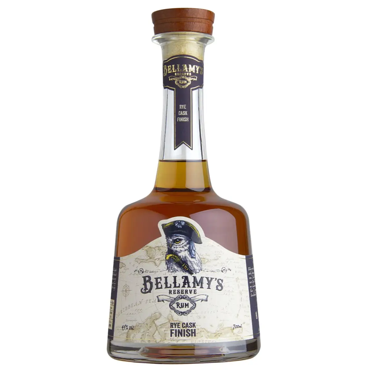 Image of the front of the bottle of the rum Bellamy‘s Reserve Rum Rye Cask Finish