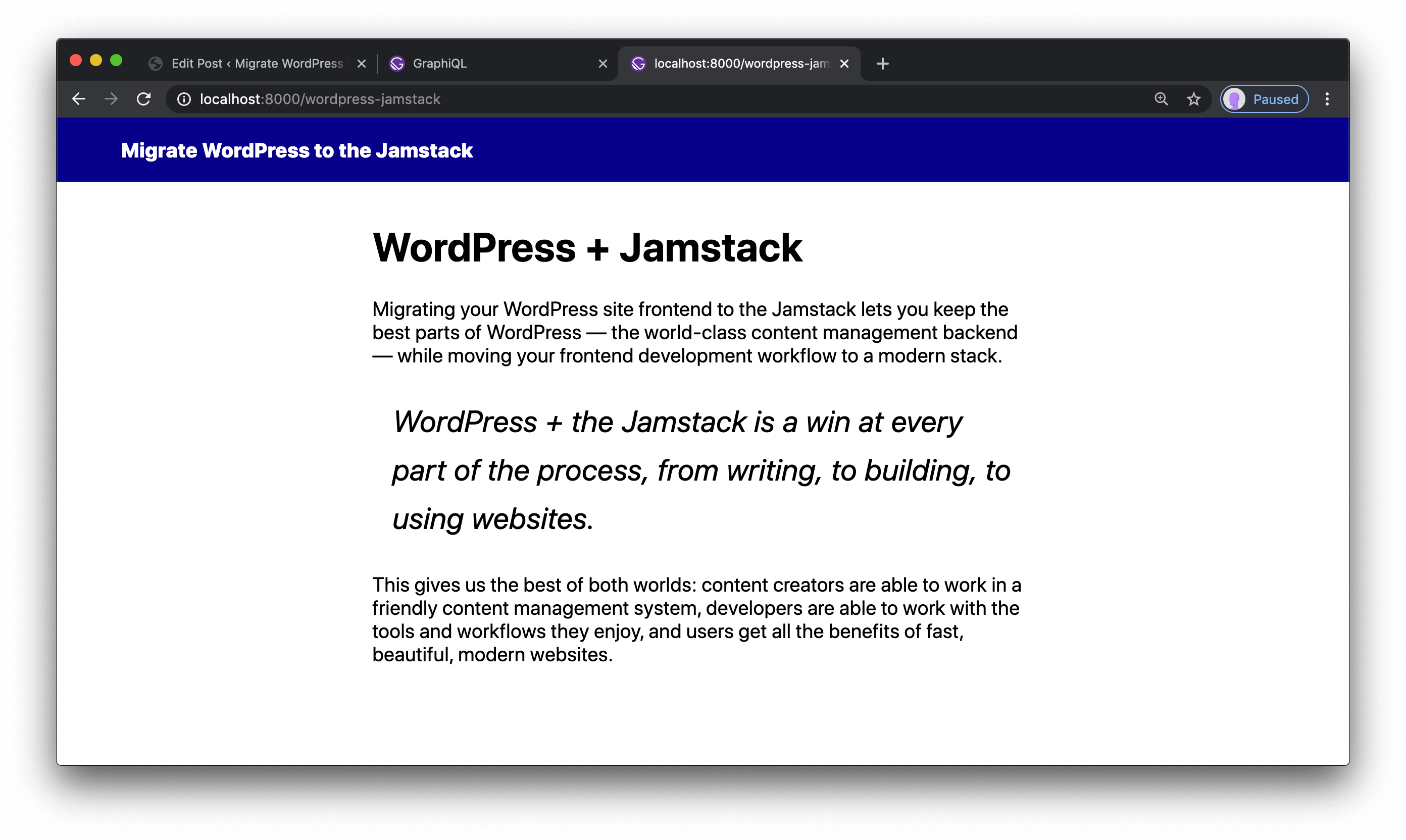 A WordPress blog post in Gatsby with WordPress Gutenberg block styles applied.