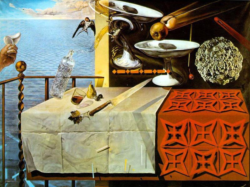 Oil painting. Two vases, a liquor bottle, a large knife, a bird, a glass of brown liquid, fruit, and a fractal shape levitate above a table half-covered in a rough table-cloth. The sea is seen in the background.