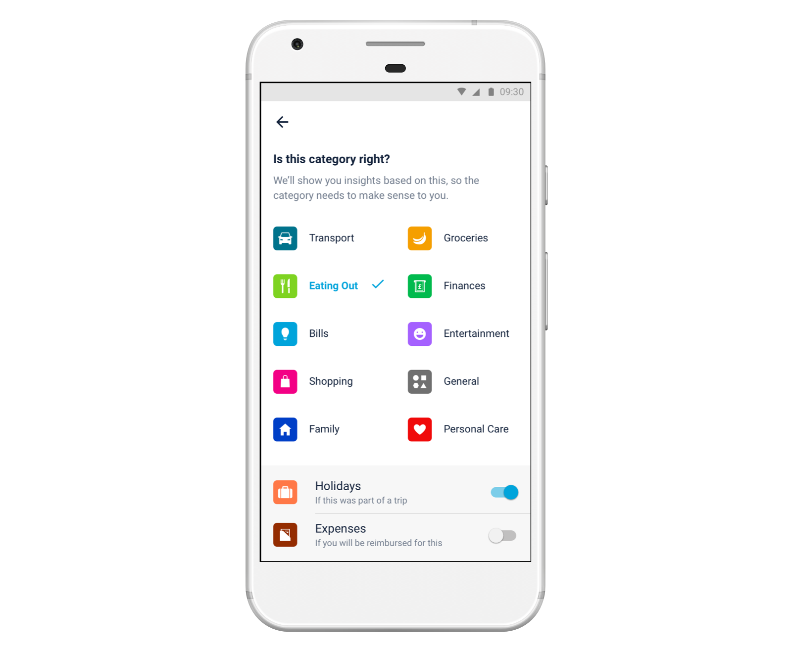 Screen showing new categories in the Monzo app with the option to switch on Holidays or Expenses