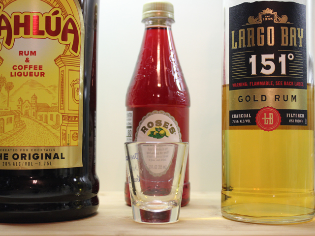 Step One: Gathering the ingredients, including 151 Rum, Grenadine and Kahlua