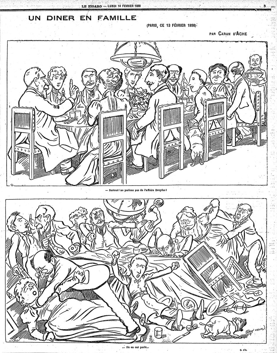 Карикатура Каран д’Аша «Семейный ужин», 14 февраля 1898 года. Вверху: «И главное, давайте не говорить о деле Дрейфуса!» Внизу: «Они о нем поговорили…» / wikimedia.org