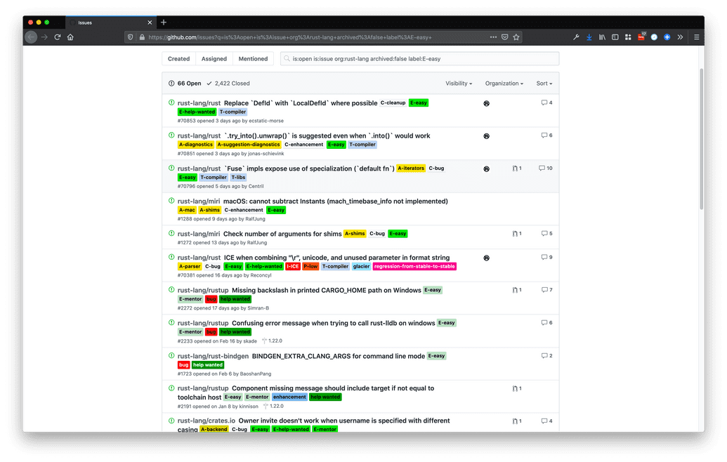 Screenshot of GitHub Rust issues labeled E-easy