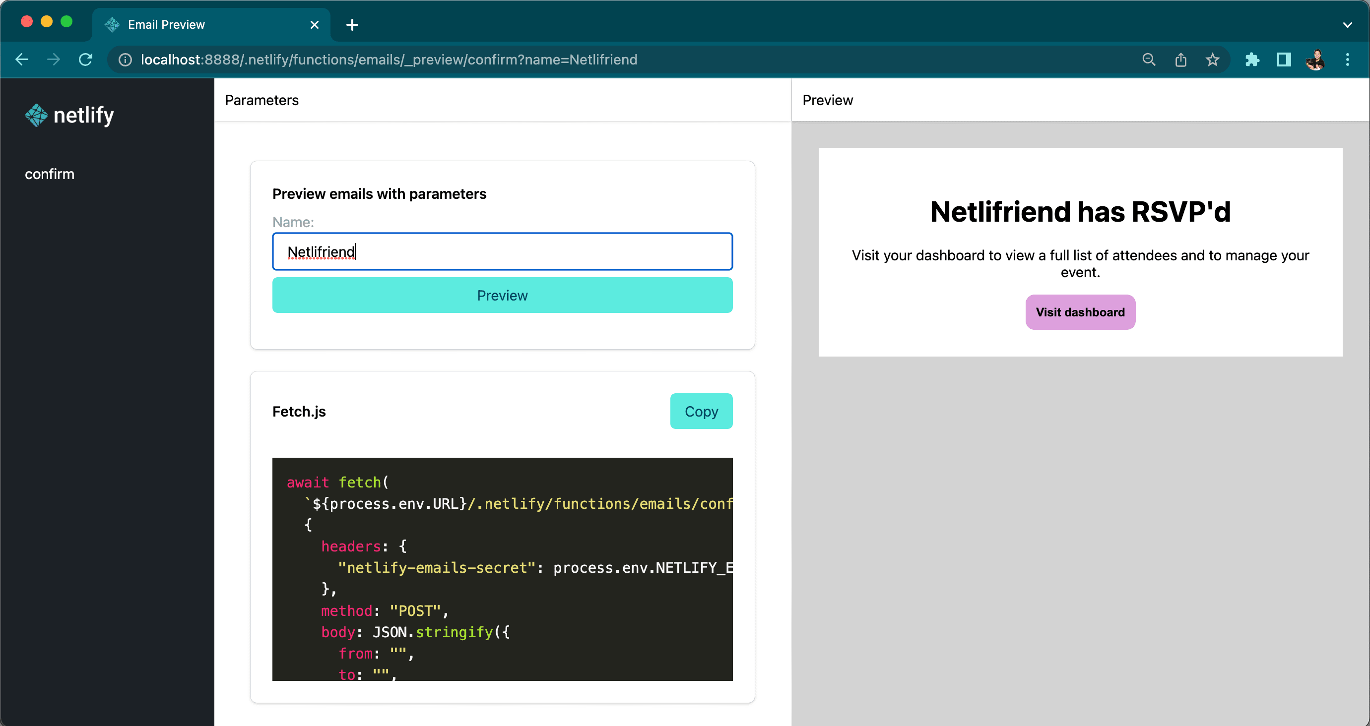 preview of email template with generated fetch function.