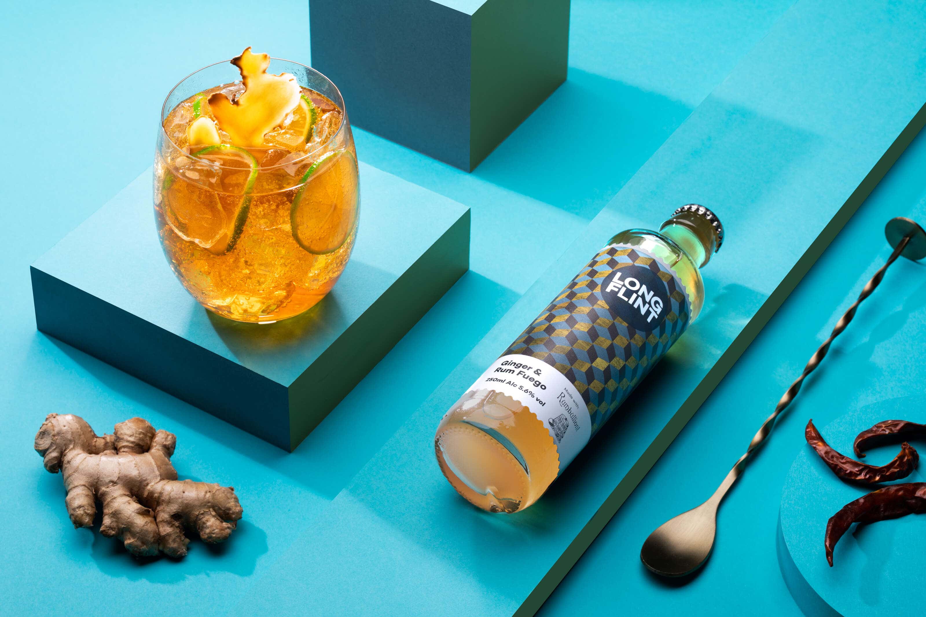 long-Flint rum and fuego cocktail in a pop art style