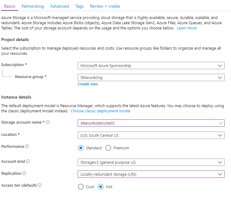 Azure Storage account creation settings