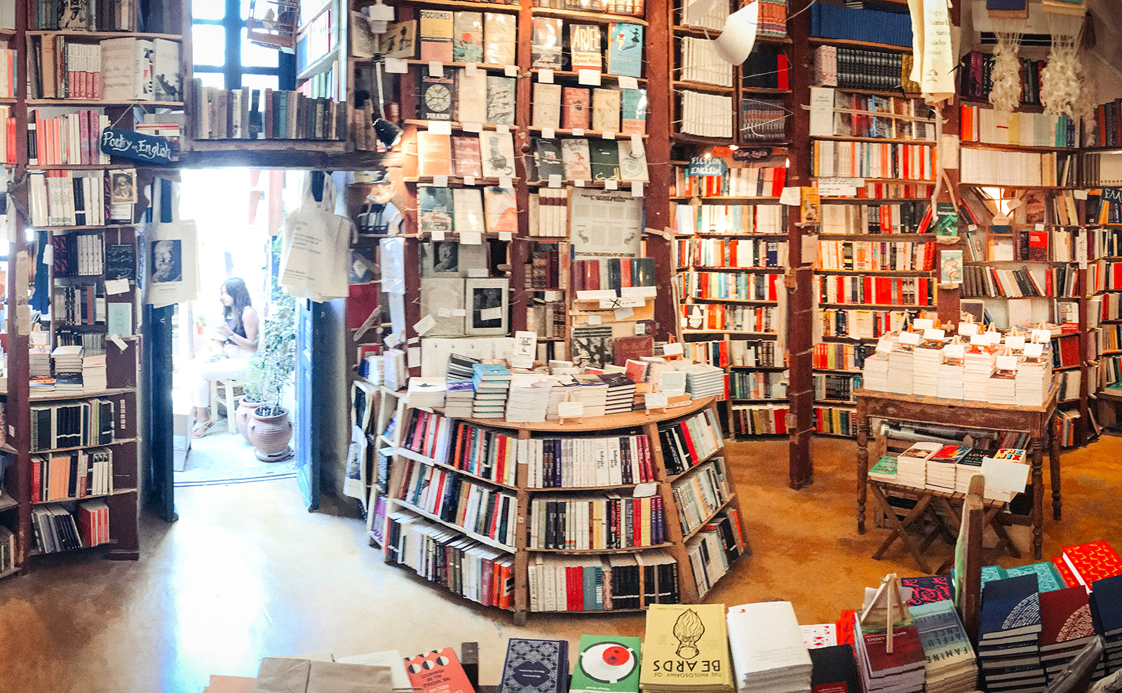 the bookshelves inside the shop