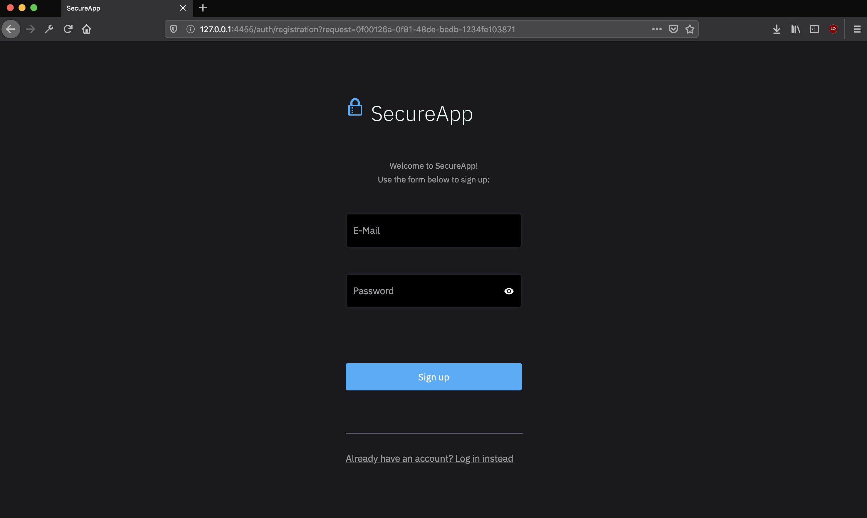 Registration screen of your secured app
