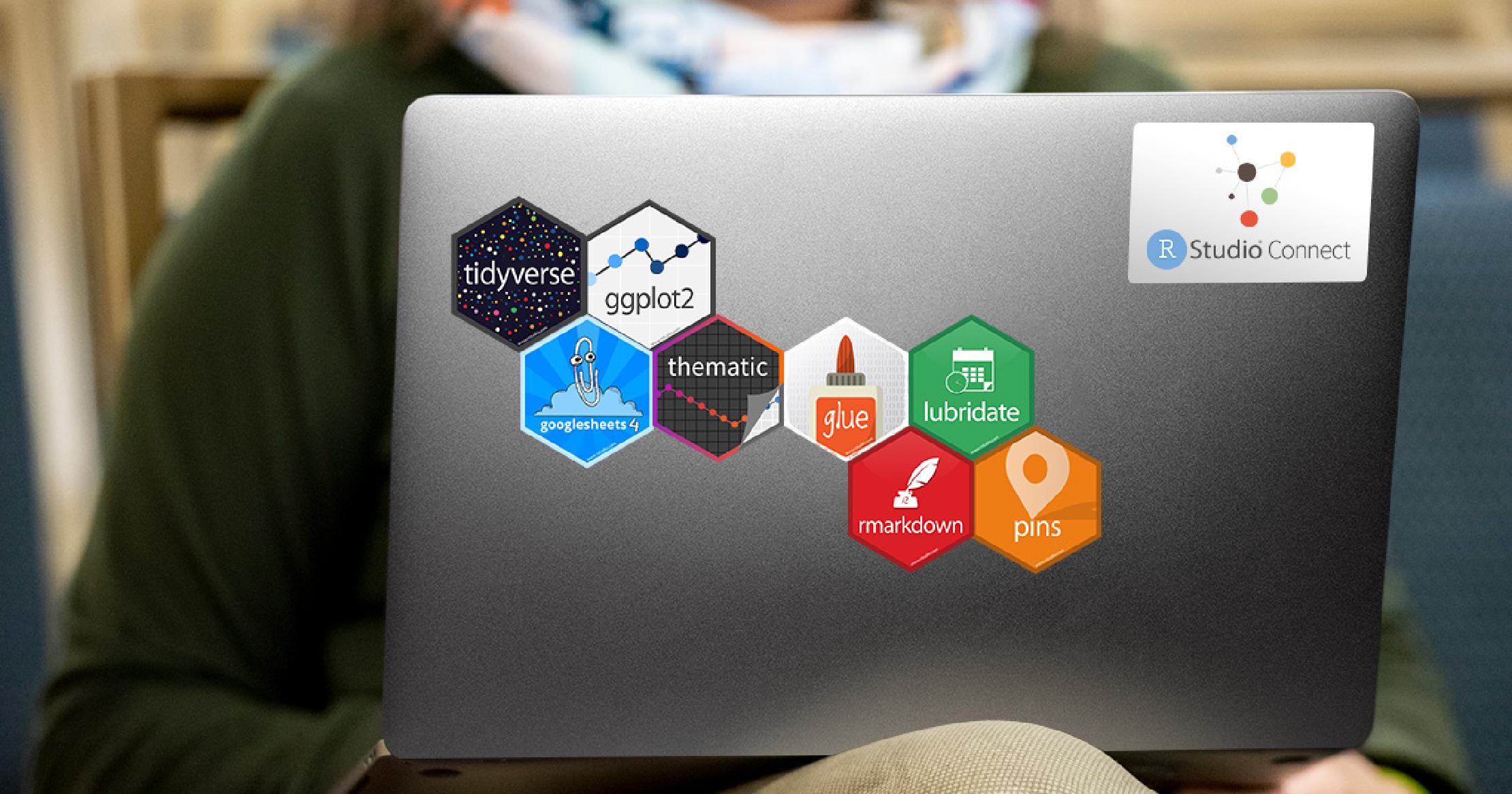 Thumbnail Grey laptop with a variety of R package hex stickers, the tidyverse, ggplot2, googlesheets4, thematic, glue, lubridate, rmarkdown, and pins and a sticker for RStudio Connect