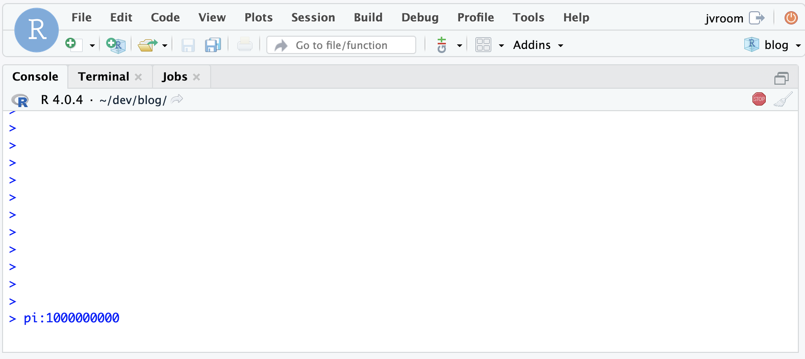 Screenshot of running R console