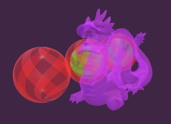 Render of a transparent pink dragon statue in front of transparent red and green spheres