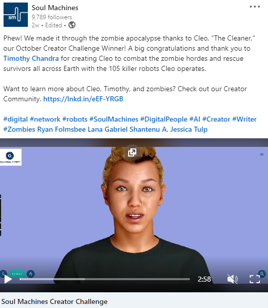 Screenshot of LinkedIn announcement by Soul Machines detailing Cleo as the winner of the challenge