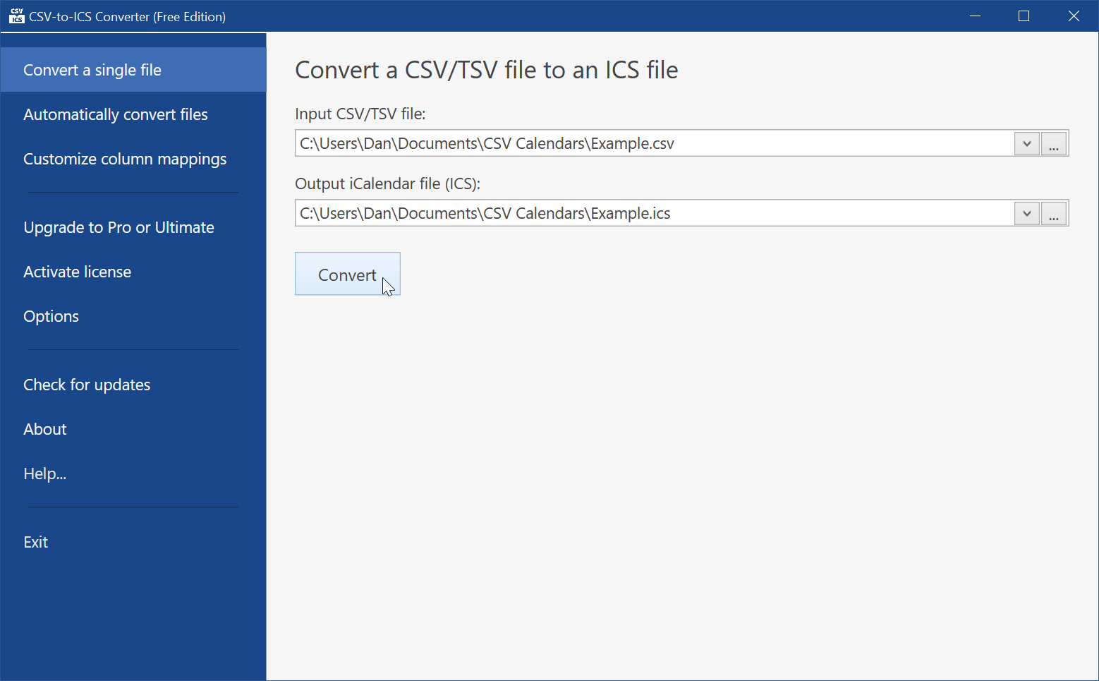 The 'Convert a single file' tab is where an input CSV file and output ICS file can be specified. Click the Convert button to perform the file conversion.