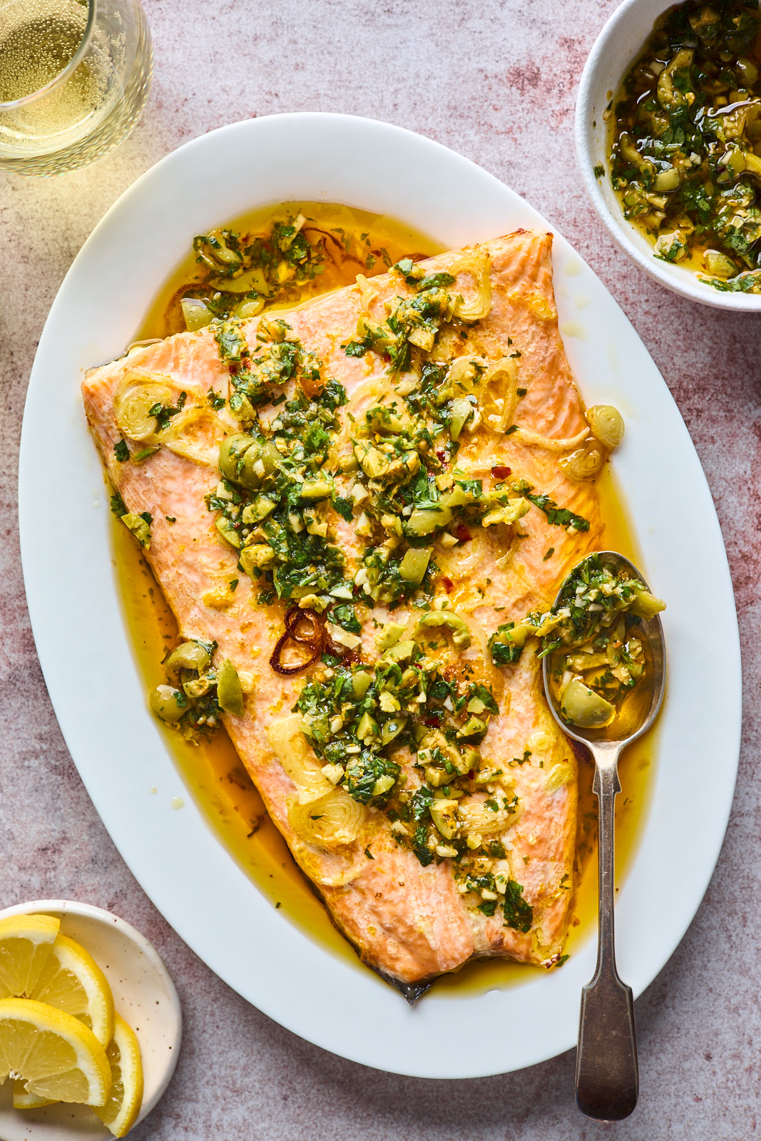 Roasted Citrus Salmon With Green Olive Salsa Verde