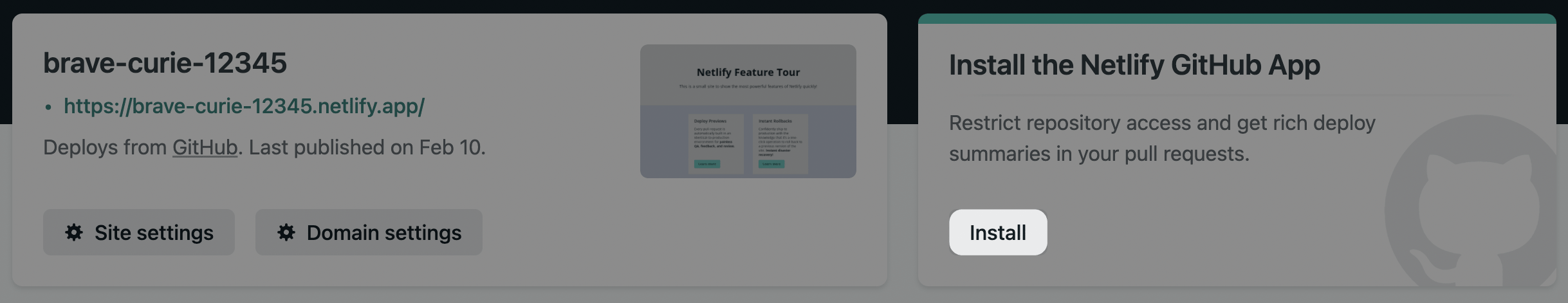 Site overview page with Install the Netlify GitHub App section.
