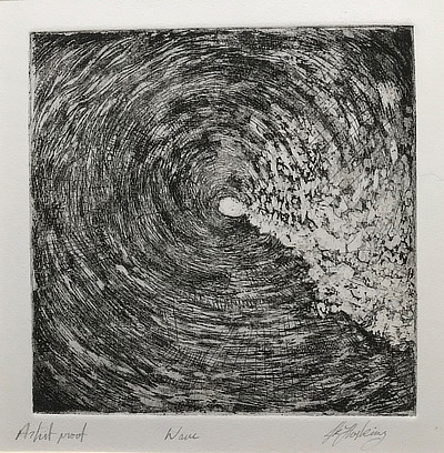 etching of a wave from perspective of looking down the barrel of water