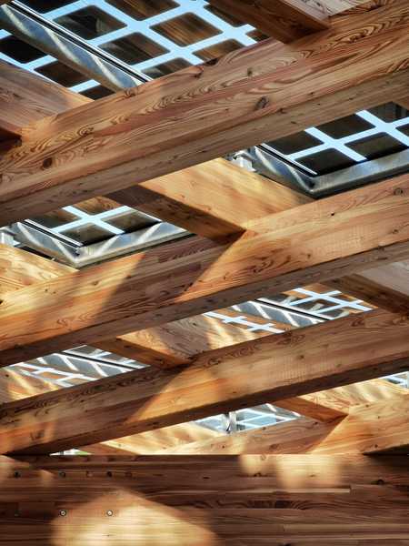 Shadows and light shining through photovoltaic panels onto the K:Port timber lattice structure.