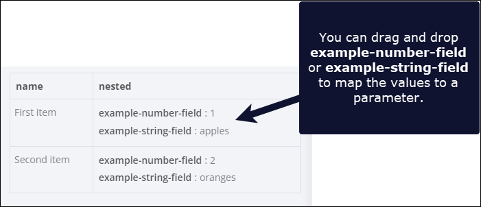 "Screenshot of a table in the INPUT panel. It includes a top level field named "nested". This field contains nested data, which is indicated in bold."