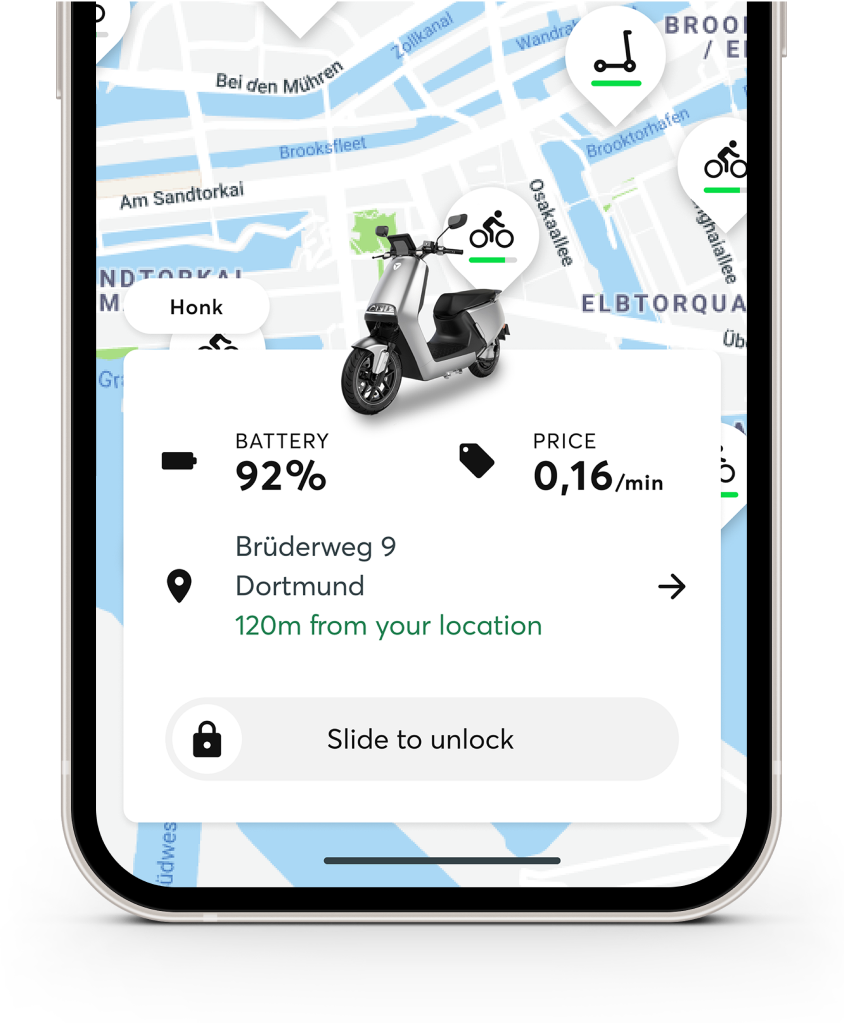 Wunder Mobility white label app display of battery level, price, location and vehicle.