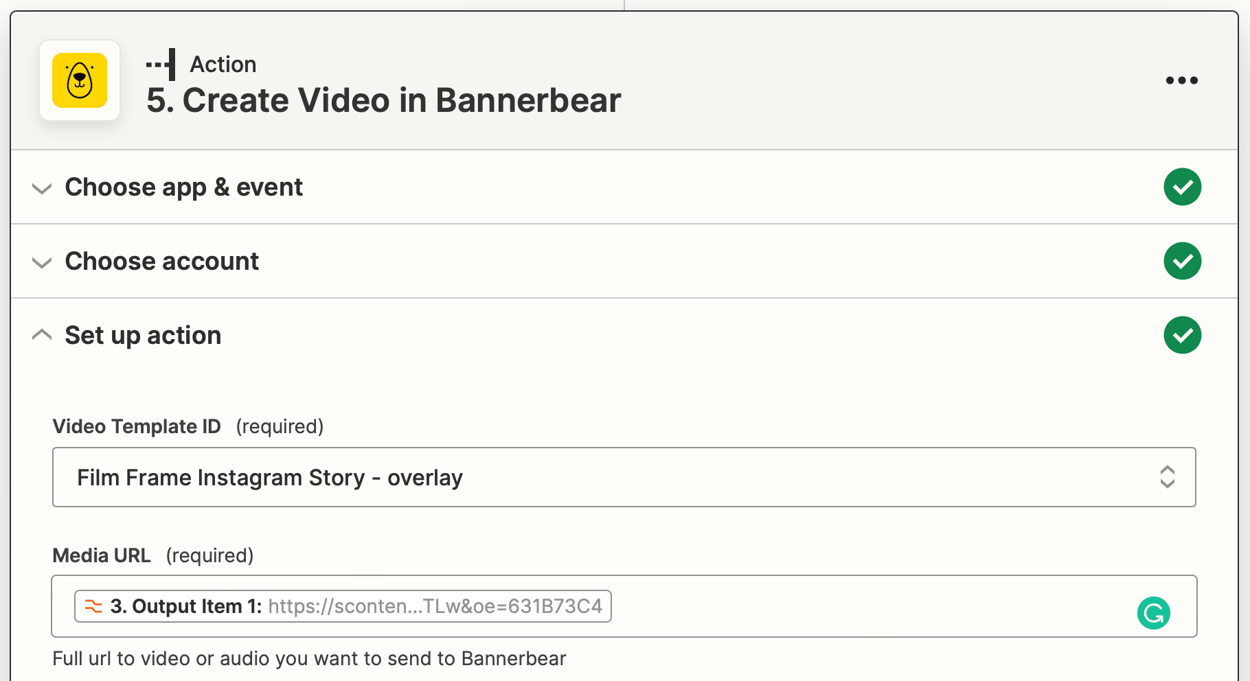 Screenshot of Zapier Bannerbear create video action setup