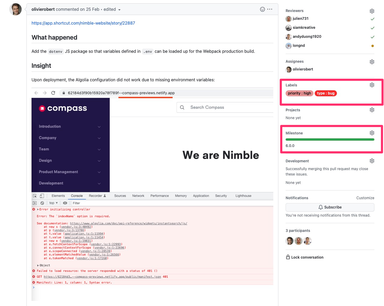 An example of a pull request that has labels