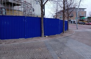 blue hoarding on the outside