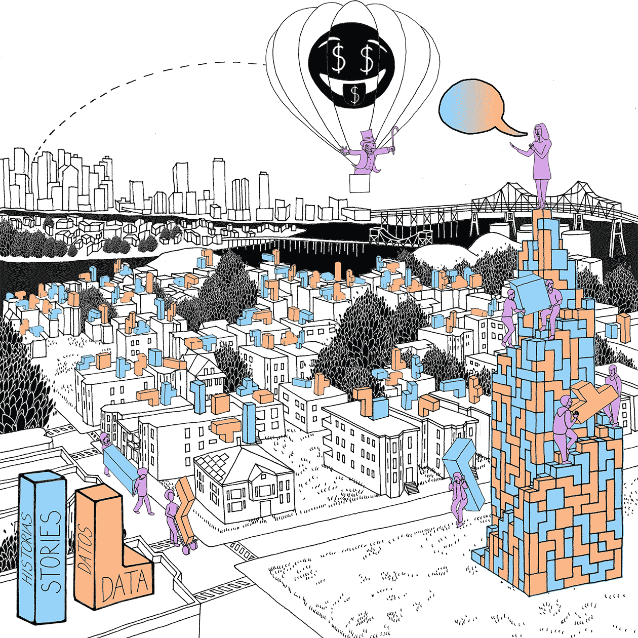 Line drawing showing the landscape of East Boston, with central Boston in the background across the Chelsea River. Buildings in the landscape are made up of colored blocks representing stories and data, and city residents are shown carrying and assembling the blocks to form a tower. At the top of the tower a resident organizer is standing and having a conversation with a figure representing a developer, who is standing in a hot air balloon with a giant dollar sign on it.