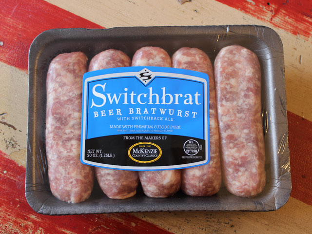 A pack of Switchbrat Beer Bratwurst, a beer brat made with Switchback Ale from Switchback Brewing in Burlington, VT