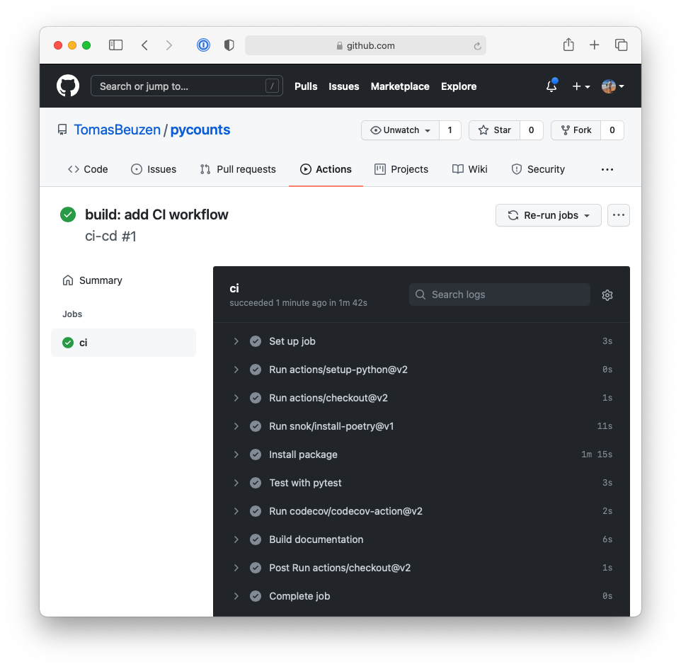 Continuous integration workflow logs.
