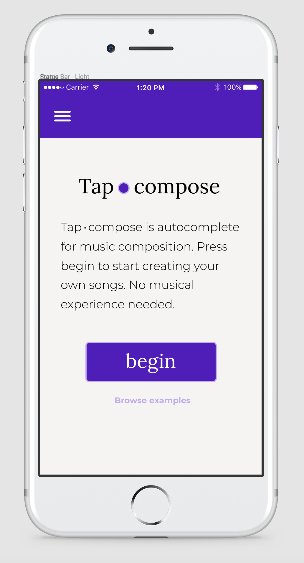 Mobile phone design concept for Tapcompose, showing the logo, a short description, and a big purple button that just says 'Begin.'