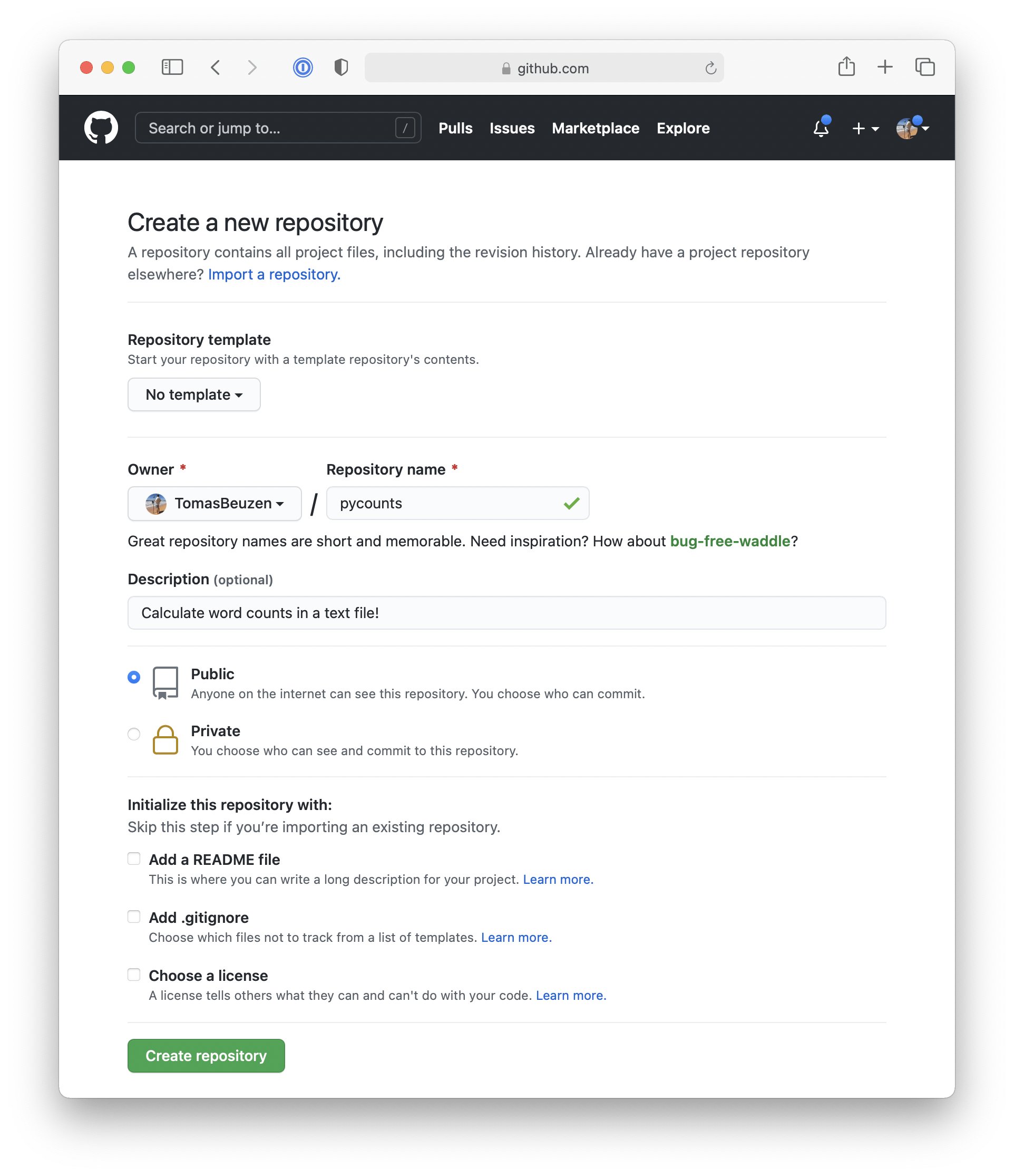 Setting up a new repository in GitHub.