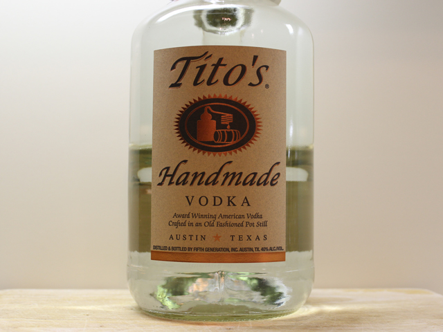 A handle of Tito's Handmade Vodka