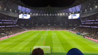 View from behind the goal in the away end as Brighton and Tottenham Hotspur players ready for kick-off inside the Tottenham Hotspur stadium
