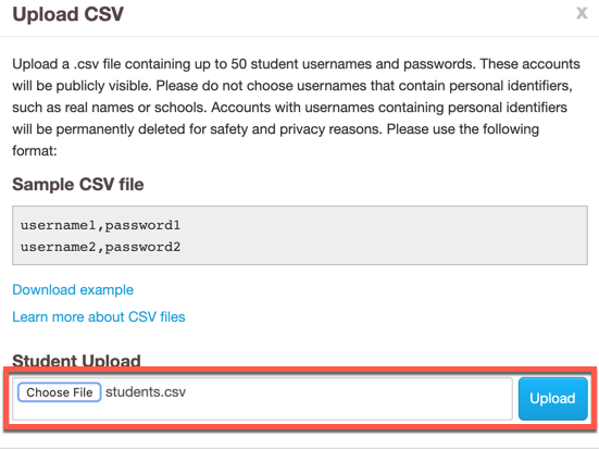 Screenshot of CSV upload form with a box around the CSV field and upload button