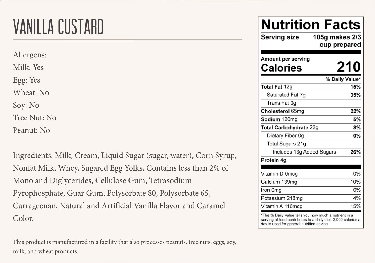 Vanilla Custard Nutrition Facts