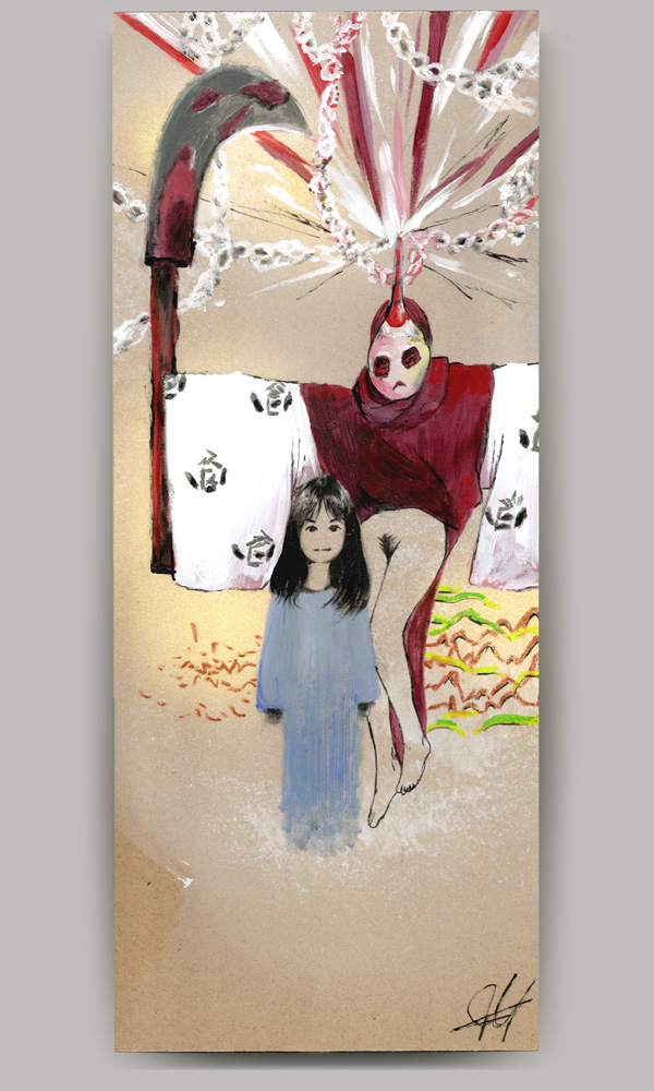 An acrylic painting on wood panel, titled 'Noroi: The Curse', of a young girl standing in front of a ghostly figure holding a giant sickle. The ghost is wearing a red and white kimono with a disfigured mask. A horn from the mask is shooting fireworks and white paper chain links.