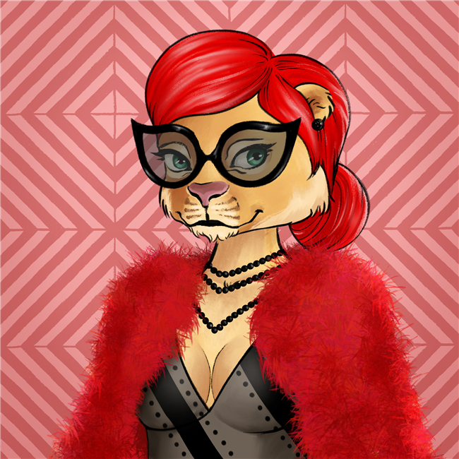 An NFT image of a female lion with tawny colored fur with red updo hairstyle and vintage black cat-eye glasses and red coat.